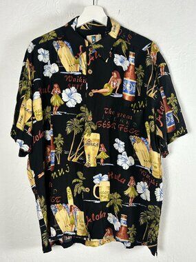 Kahala Hawaiian Islands Mens Aloha Shirt Large Black Beer Fest Hula Print Casual